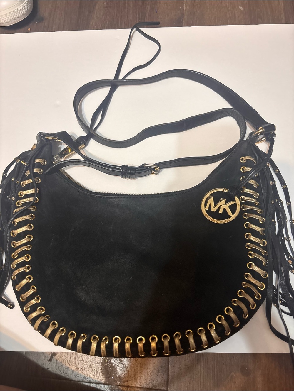 Michael Kors Black Suede Shoulder Bag with Gold Hardware and MK Charm